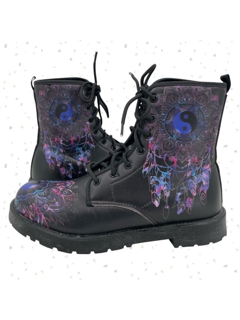 Yin Yang Dreamcatcher Combat Boots Black Blue Faux Leather Festival EU 38 | US 7